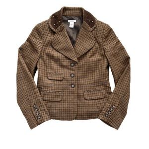 Sundance Catalog Wool Brown Plaid Studded Collar Western Blazer Jacket Size 6